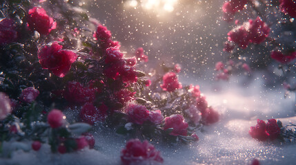 Obraz premium Winter Roses Amidst Falling Snow A Serene Seasonal Scene With Floral Beauty And Gentle Weather