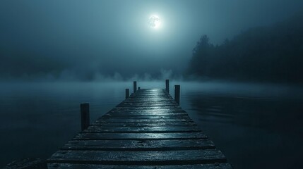 Obraz premium Serene Misty Lake with Wooden Pier Under Full Moonlight Glow