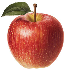 A crisp red apple with a slight gradient of color, from deep crimson to lighter red, accompanied by a fresh green leaf attached to a short brown stem, transparent background, PNG