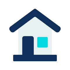Simple House Icon: A minimalist icon depicting a simple house with a dark blue roof, door, and base, and a light teal window. Perfect for websites, apps.
