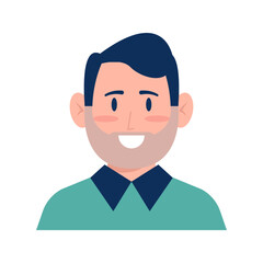 Smiling Man Avatar: A cheerful and friendly cartoon avatar of a man with a beard, wearing a green shirt and a navy blue collar,  ready for any website or app design.