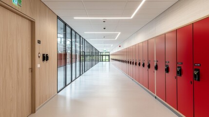 Obraz premium Modern School Corridor with Bright Red Lockers and Glass Wall