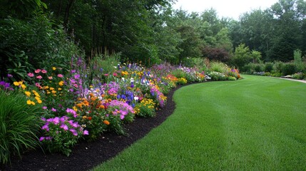Obraz premium Vibrant flower bed with colorful summer blooms curves along a manicured green lawn in a lush backyard garden.