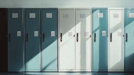 Fototapeta premium Row of Colorful Metal Lockers in Bright School Environment