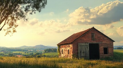 Obraz premium Serene Countryside Scene with Old Barn Under Soft Sunlight