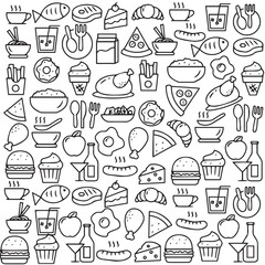 Collection black and white line icons representing various fast foods, snacks, and beverages, including a hot dog, burger, pizza slice, ice cream cone, and soda can, arranged in a clean grid layout.