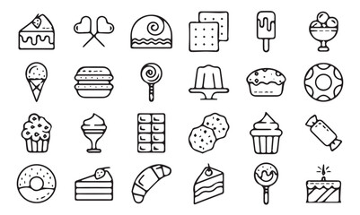 Collection black and white line icons representing various fast foods, snacks, and beverages, including a hot dog, burger, pizza slice, ice cream cone, and soda can, arranged in a clean grid layout.