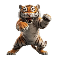 Obraz premium cartoon tiger stands on its hind legs with expressive, playful roar, showcasing its detailed fur and stripes. tiger dynamic pose and vibrant colors make it appear lively and engaging