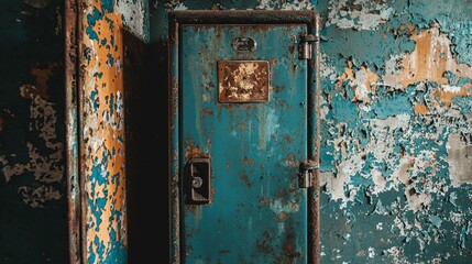 Rusted Metal Door with Peeling Paint in Abandoned Structure