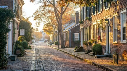 Fototapeta premium Charming Cobblestone Street with Historic Homes in Morning Light