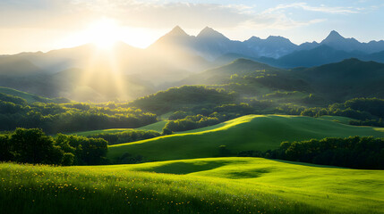 Fototapeta premium Sunlit Mountain Landscape at Sunset