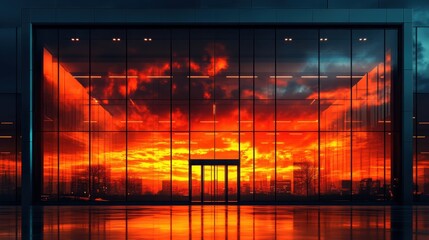 Fototapeta premium Dramatic Sunset Reflection on Modern Glass Building Facade