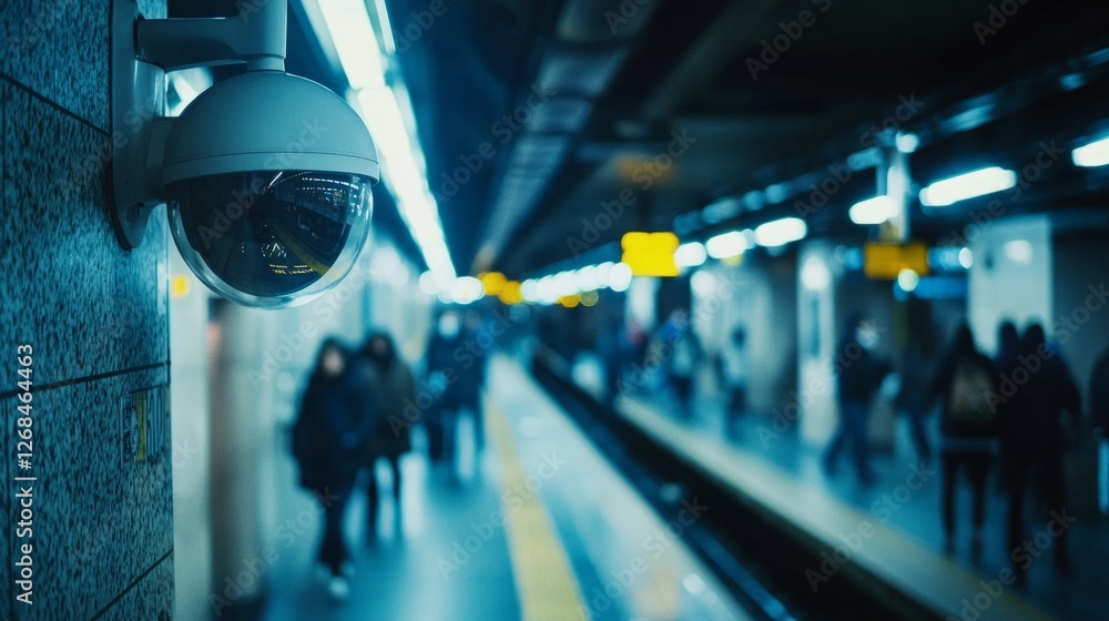 Poster security camera overlooking busy subway platform in urban setting