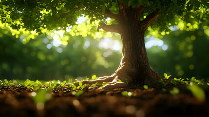 Fototapeta premium Sunlit Oak Tree in Lush Forest Setting