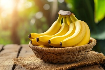 Handy fresh bananas in a basket on a wooden table with a blurred background of a garden and sunlight.