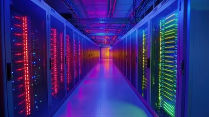 A row of servers in a high-tech data center, with blinking lights and cables neatly organized.