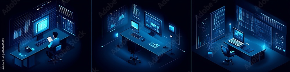 Poster modern programmer workspace isometric illustration