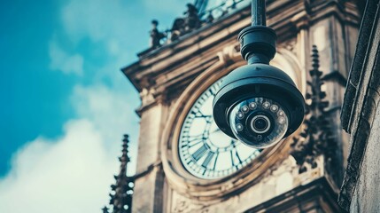 Fototapeta premium Security Camera Overlooking Historic Clock Tower Under Blue Sky