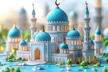 Obraz premium Islamic decoration background for Ramadan with lantern and mosque 3D rendering. 3D Illustration