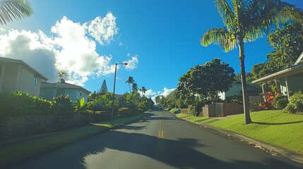 Naklejka premium Serene Residential Street with Lush Greenery and Clear Blue Sky