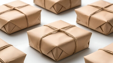 A collection of neatly wrapped brown packages tied with twine, arranged on a flat surface, showcasing a rustic and eco-friendly presentation.