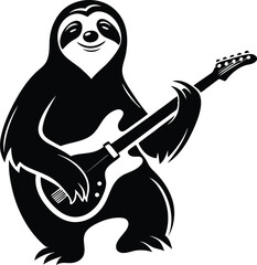 A cute and beautiful sloth playing an electric guitar silhouette vector art, sloth playing an electric guitar line art vector illustration