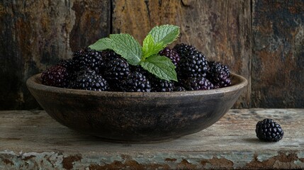 A rustic bowl filled with blackberries, with a few leaves of mint for garnish