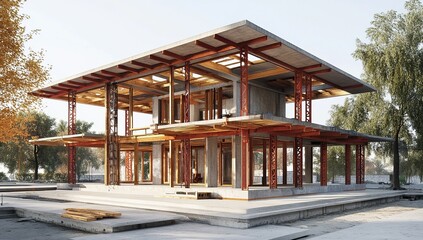 Obraz premium Modern House Construction: Concrete Frame, Wooden Beams, Steel Supports Under Construction, Exterior View, Daytime