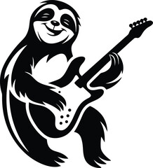 A cute and beautiful sloth playing an electric guitar silhouette vector art, sloth playing an electric guitar line art vector illustration