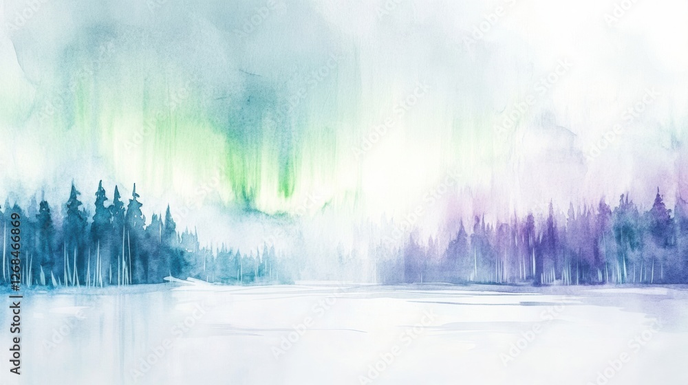 Poster northern lights illuminate a serene landscape with trees reflecting in a calm lake during twilight h