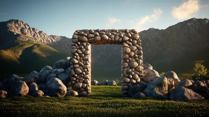 Stone arch in grassy field with mountains background and cliffs surrounding natural doorway structure