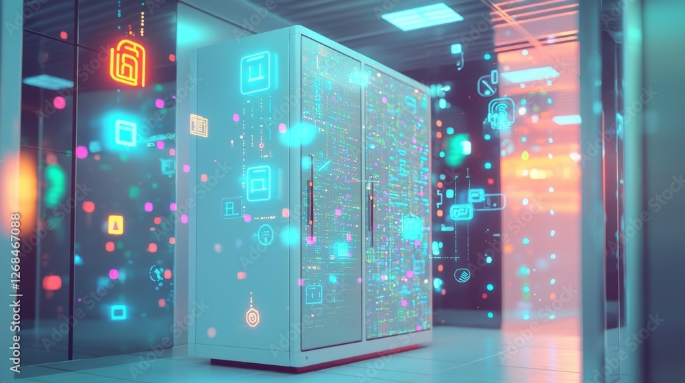 Poster modern data center with colorful digital interface elements