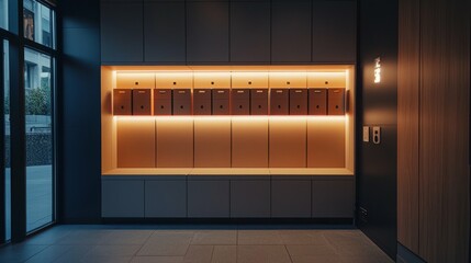 Modern Lobby Design with Mailbox Area and Ambient Lighting Features