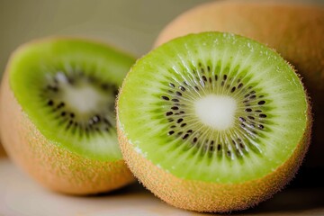 Bright green interior of a ripe kiwi fruit reveals tiny seeds and rich texture in a close-up view that captivates the senses. Generative AI
