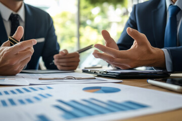 Business professionals discussing financial strategy in a corporate meeting with documents and charts on the table