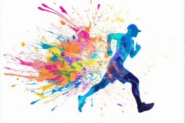 Dynamic abstract illustration of a man running in a blue tank top and shorts with colorful splashes of paint.