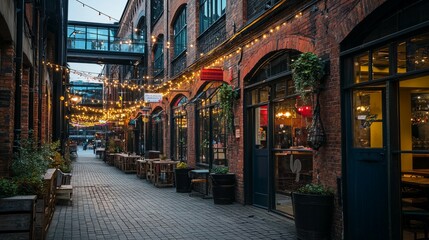 Obraz premium Charming Urban Alleyway with String Lights and Dining Spaces