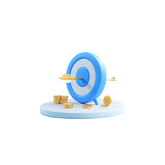 3D icon of target with arrow and gold coin on white background.
