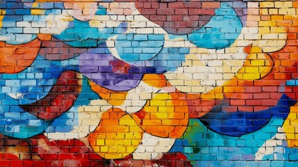 Colorful Abstract Mural with Vibrant Curved Shapes on Brick Wall