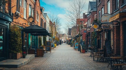 Fototapeta premium Charming Cobblestone Street in a Historic Town with Quaint Shops