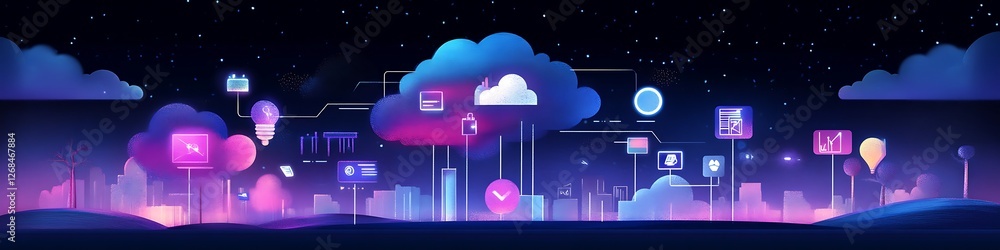 Poster cloud computing network connecting a futuristic cityscape