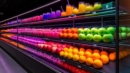 Fototapeta premium Colorful fruits and juices displayed on shelves in a supermarket.
