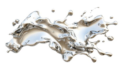 Liquid silver splashing and forming abstract shapes on transparent background