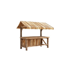 Wooden stall with awning isolated on white background.
