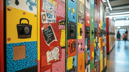 Colorful Lockers with Artistic Designs in a School Environment