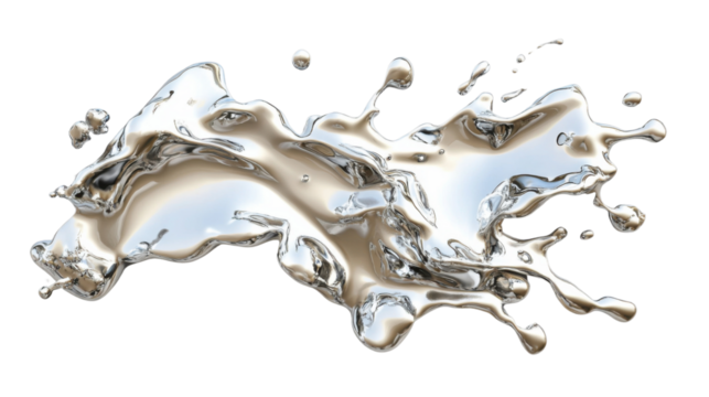 Liquid silver splashing and forming abstract shapes on transparent background