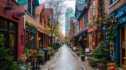 Fototapeta premium Charming Urban Street in Autumn with Colorful Brick Buildings