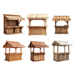 Wooden stall with awning isolated on white background.
