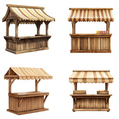 Wooden stall with awning isolated on white background.
