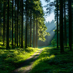 Obraz premium Sunlit Path Through Lush Green Forest